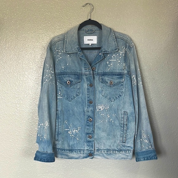 Pistola Boyfriend Oversized Astrology Denim Jean Jacket Sz Large - Picture 1 of 13